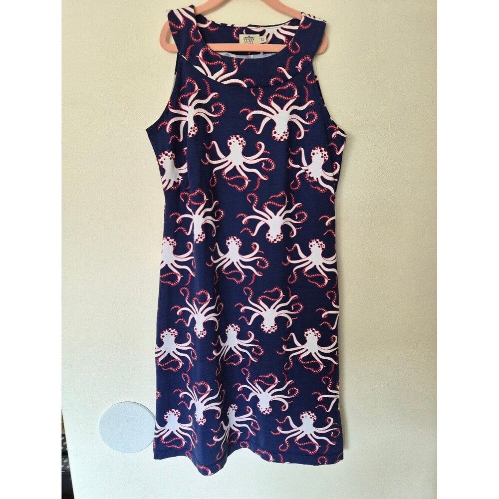 VGUC Katherine Way Octopus Seaside Shift Dress Navy Red White Xsmall